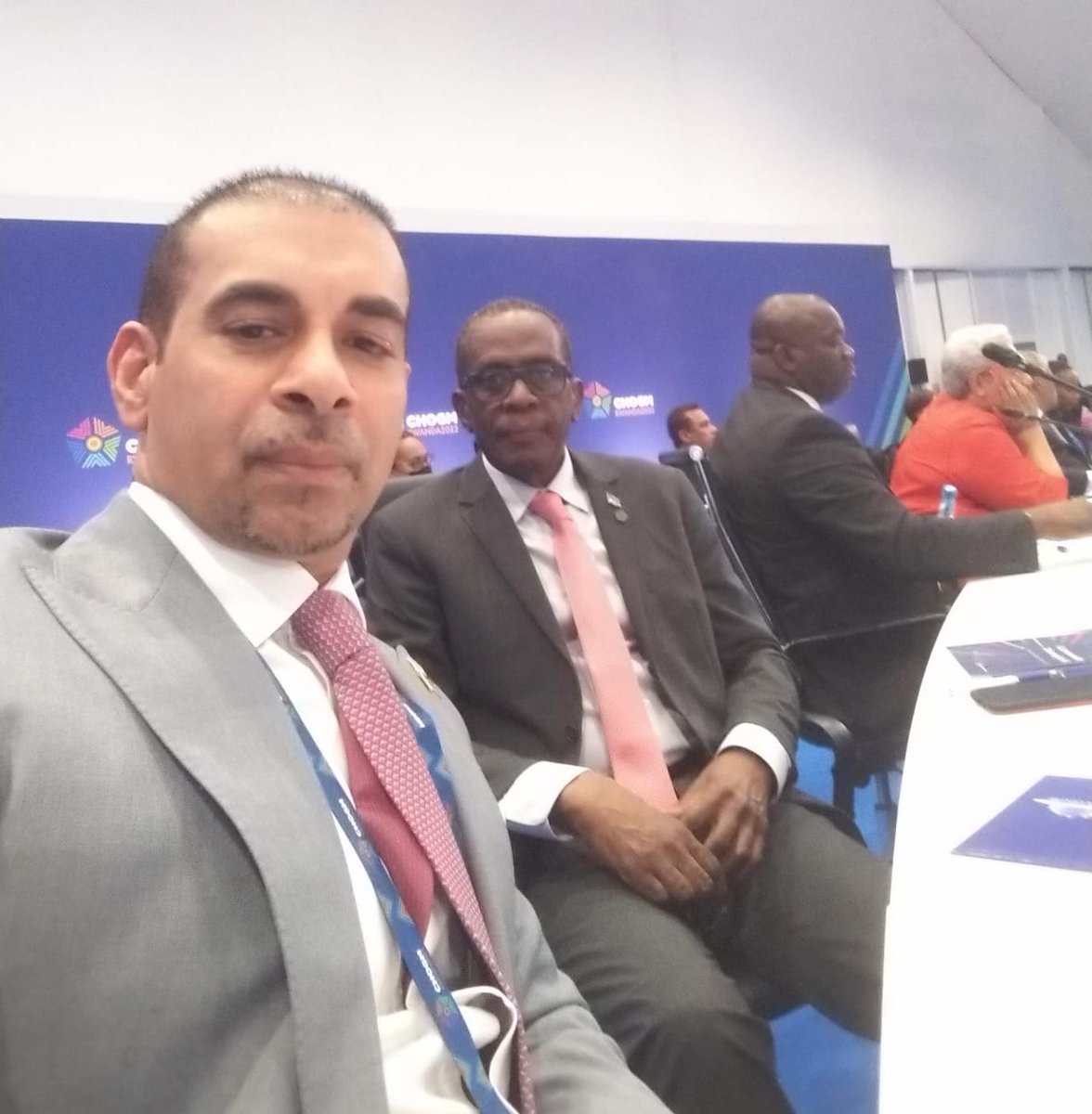 Gurdip Dev Bath with the Saint Kitts and Nevis delegation at CHOGM 2022 in Kigali